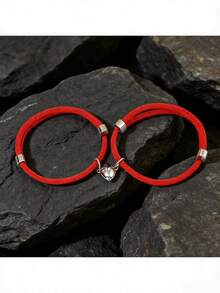 2条情侣磁性心形手链，尼龙编织绳情侣腕带，象征爱情纽带，完美的情人节礼物 - 愛心手鍊 - 查看 5