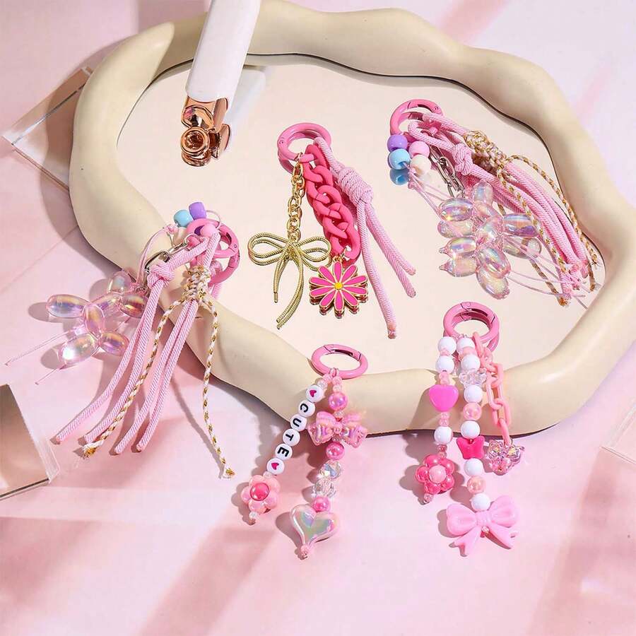 1 pieza Llavero con cuentas tejido a mano en color rosa - Elegante, dulce e iridiscente, accesorio para bolso con lazo - Multicolor - Ver 1