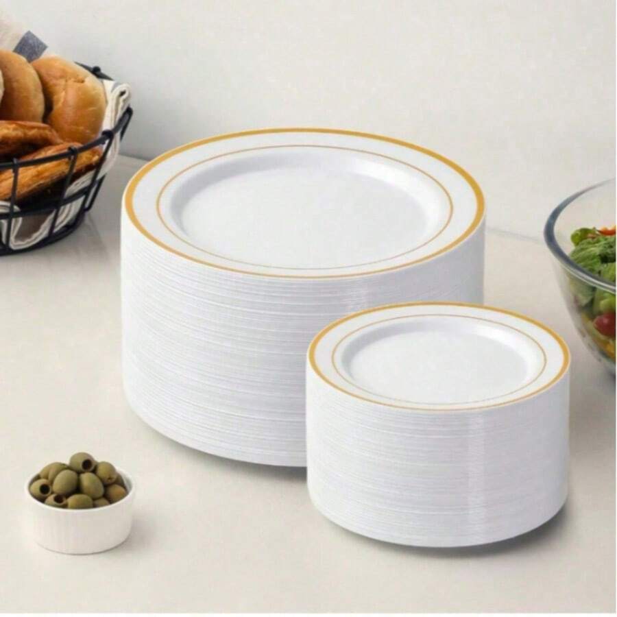 Bộ 50/25/10 đĩa tiệc tái sử dụng viền bạch kim, đường kính 7.5"/10.25", thích hợp cho đám cưới, sinh nhật, tiệc chiêu đãi, Ngày Valentine, Ngày của Mẹ, họp mặt gia đình và phục vụ tiệc. - Nhiều màu - Xem 1