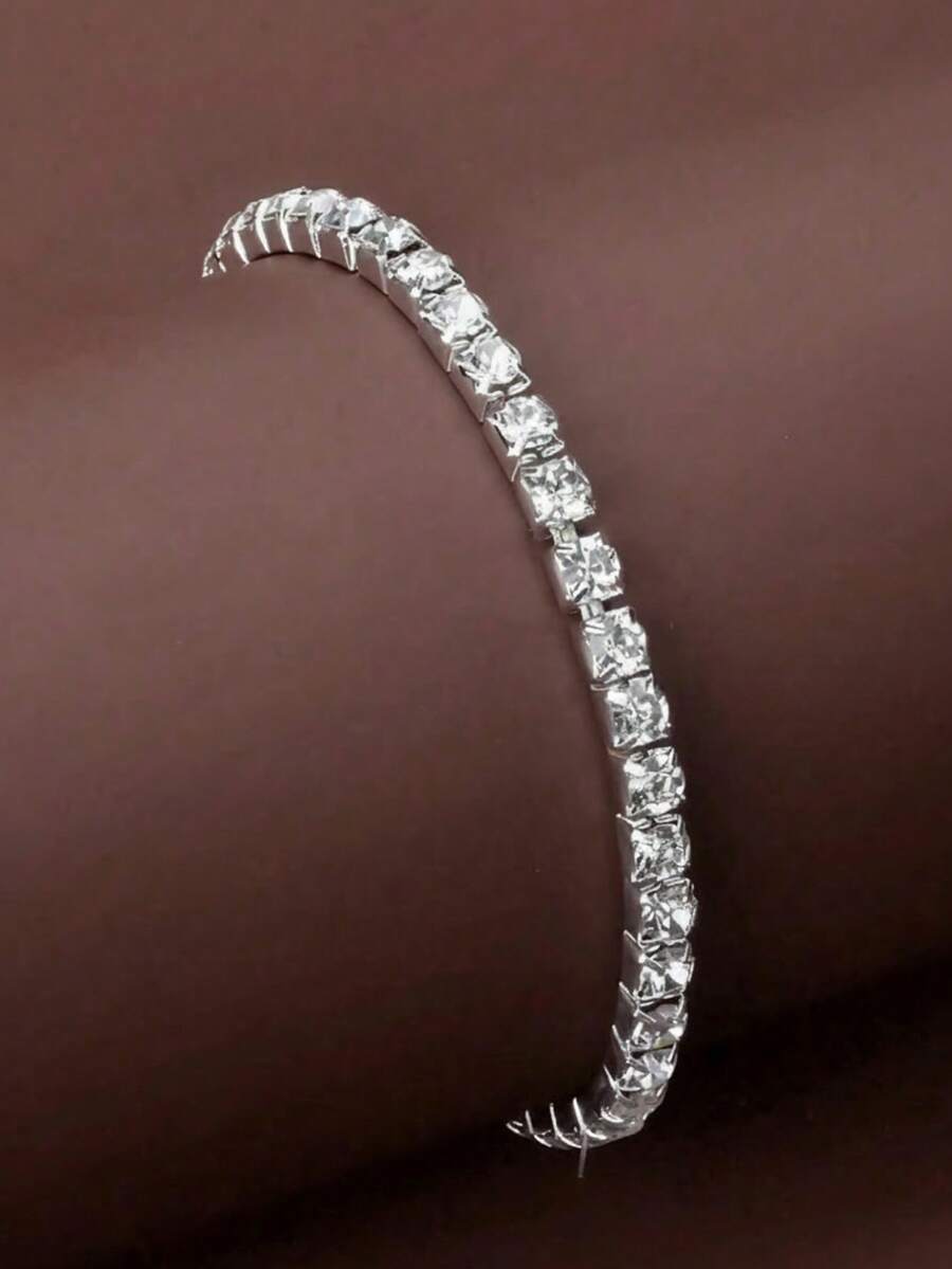 1-pieza set, elegante y dulce, estilo oficinista, pulsera elástica personalizada para mujer con una sola hilera de cristales blancos. - Plateado - Ver 1