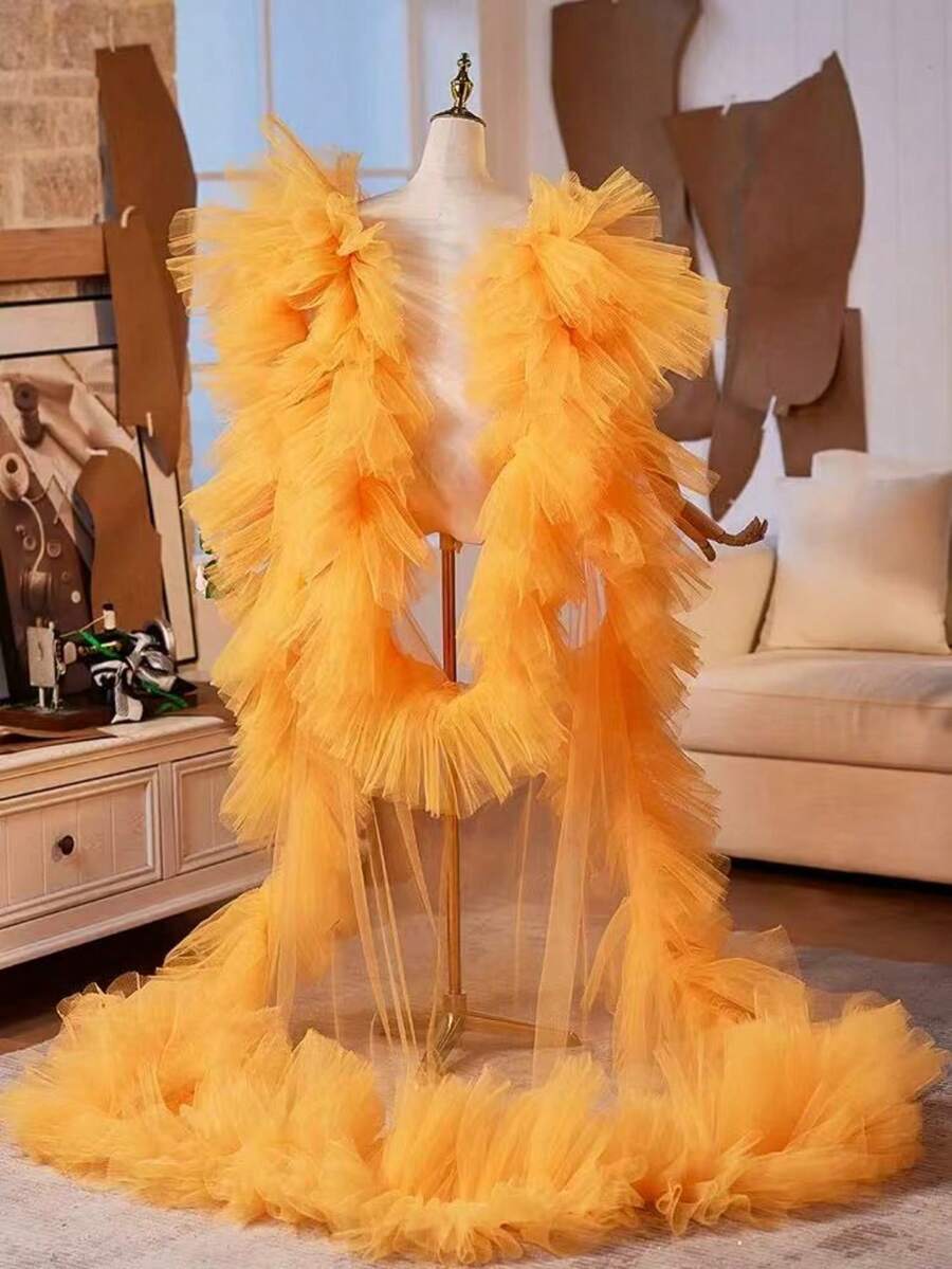 European And American Style Bridal Veil Shawl, Suitable For Hostess, Evening Gown, With Trailing,Summer,Beach,Wedding - Orange - View 1