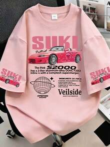 大尺碼女款休閒標語與汽車印花短袖圓領T恤 - 粉色 - 查看 1