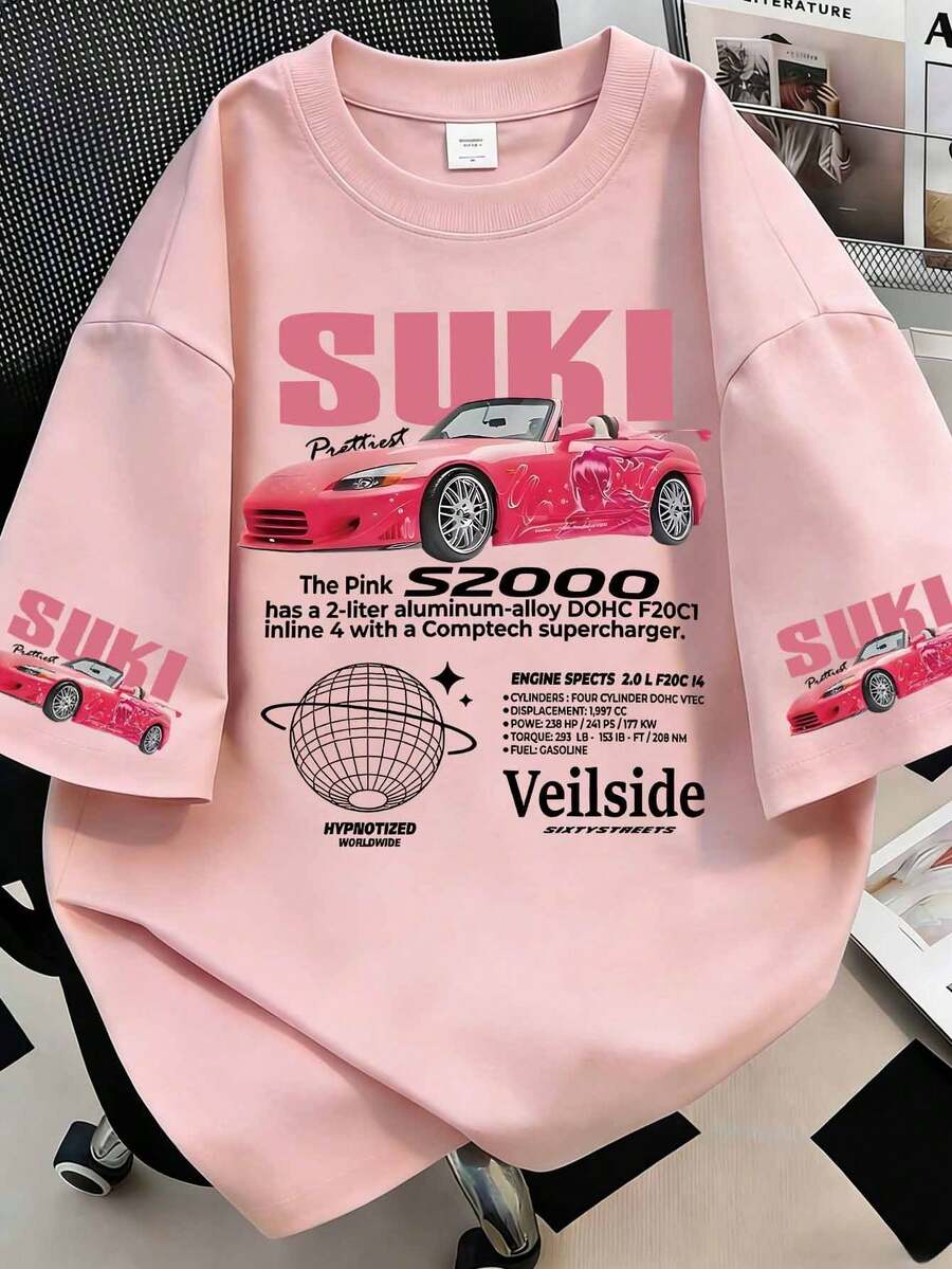 大尺碼女款休閒標語與汽車印花短袖圓領T恤 - 粉色 - 查看 1