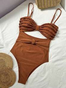 Women's High Waist One-Piece Swimsuit, Elegant Spaghetti Strap With Hollow Crochet Details, High Elasticity Vacation Beach - 摩卡棕 - 查看 6