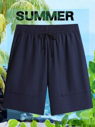 Herrshorts med enfärgade dragsko i midjan, avslappnade, lösa och lätta sommarshorts med fickor