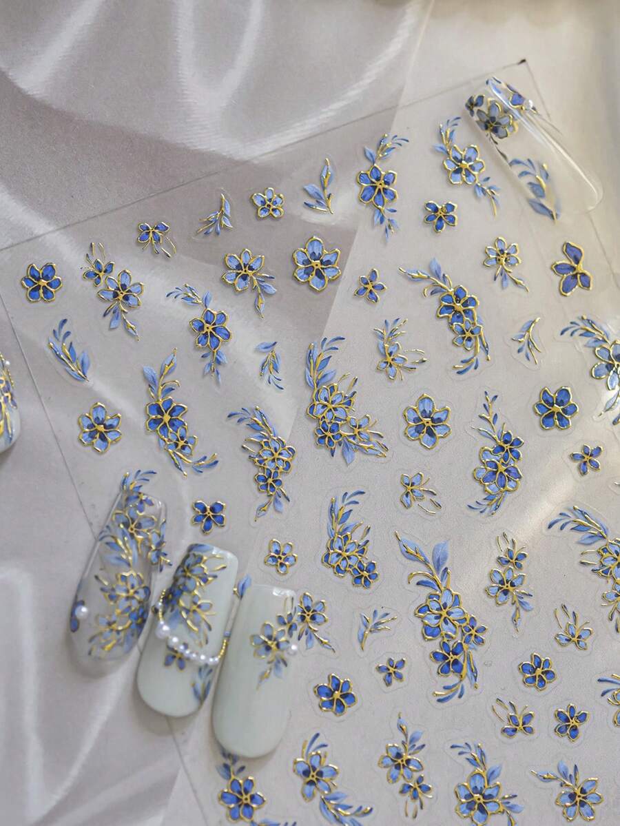 1pc 5D Metallic Gold Flower Nail Sticker, Shiny Celadon Petal Self-Adhesive Nail Slider Decor DIY Accessory Nail Stickers - Multicolor - View 1