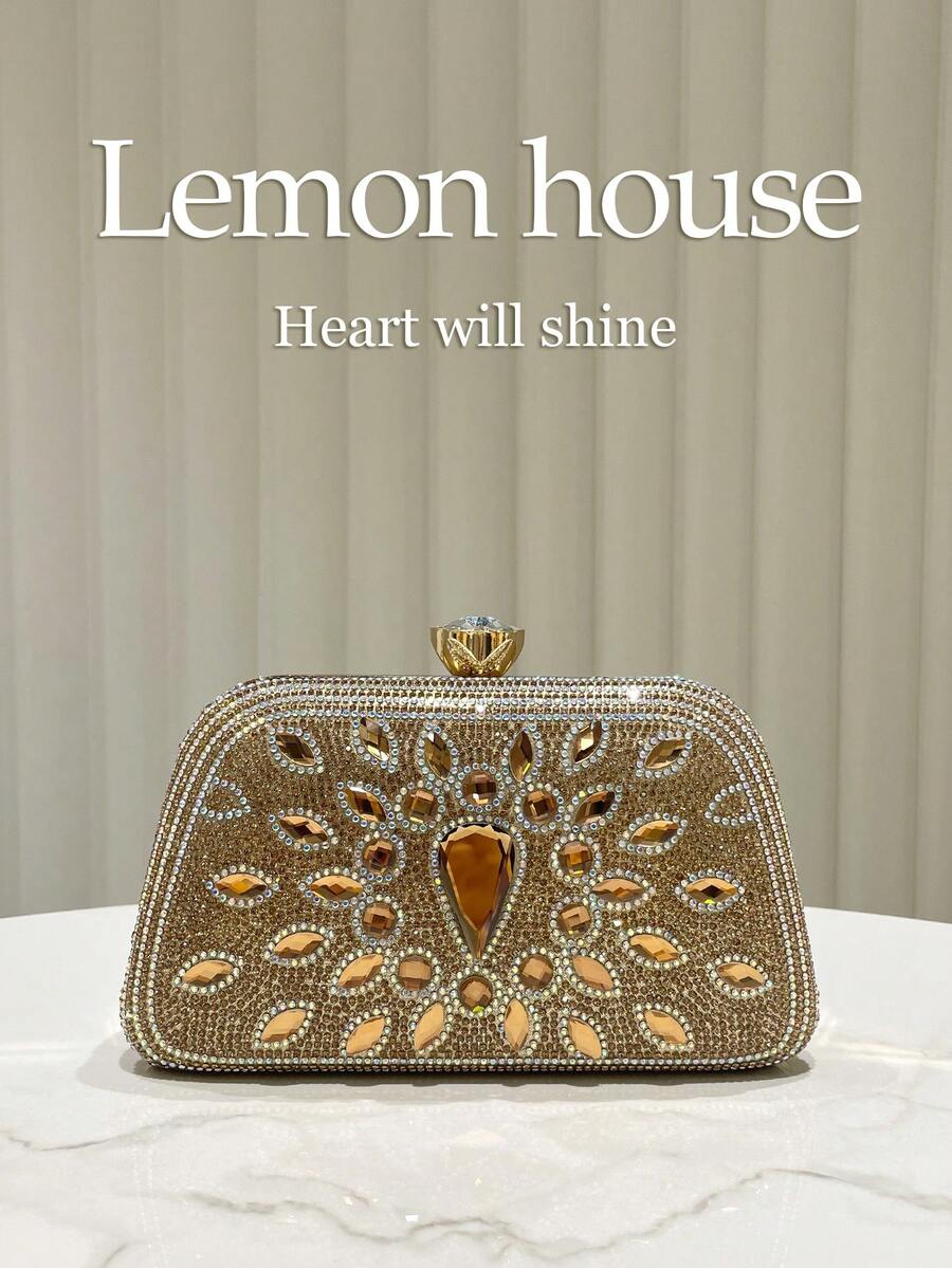 1pc Glamorous Shiny Gold Evening Bag, Luxury Rhinestone Studded Elegant Clutch Purse For Women, Suitable For Banquet, Party, Wedding, Ramadan, Comes With Metal Chain, Great Gift For Ladies - Gold - View 1