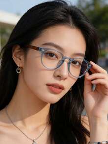 1副女士蓝色圆形PC框复古全框个性化日常佩戴办公装饰时尚眼镜 - 藍色 - 查看 5
