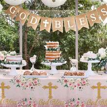 1pc Elegant Disposable Tablecloth With Floral And Cross Patterns - Plastic Party Tablecloth, Suitable For Baptism, First Communion, Confirmation, Birthday And Other Occasions - Patriotic Theme, Tableware - White - View 8