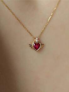 1pc 925 Sterling Silver Elegant Vintage Geometric Red Heart Zirconia Wing Pendant Necklace, Suitable For Party, Daily Wear, Mother's Day Gift - Gold - View 4