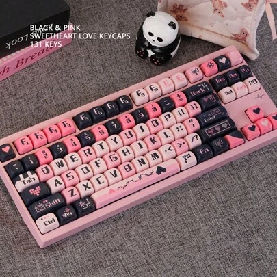 黑色和粉色爱心键帽，MOA高度PBT材质，适用于定制机械键盘，64/68/87/980/108键