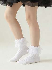 4 Pairs Girls' Fluffy Lace Trim Socks, Cute Princess Dance Stockings - Multicolor - View 3