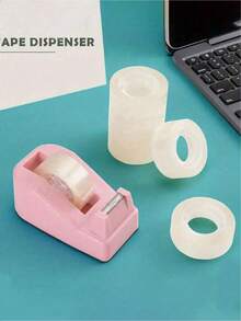 Set de 7 piezas de dispensador de cinta rosa (1 cortador + 6 rollos de cinta transparente), adecuado para oficina, hogar, escuela y otros escenarios de empaque de regalo transparente - Negro (1 cúter + 6 cintas transparentes) - Ver 1