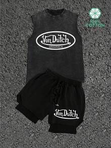 Men's Y2K Streetwear VonDutch Logo 100% Cotton Tank & 2-In-1 Shorts Set - màu đen - Xem 2