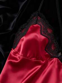 Carnival Party Valentine's Day Gift Women's Solid Color Sexy Sleepwear Nightgown - Lace Trim Criss-Cross Design, High Slit V-Neck Pajama Set - 酒紅色 - 查看 4