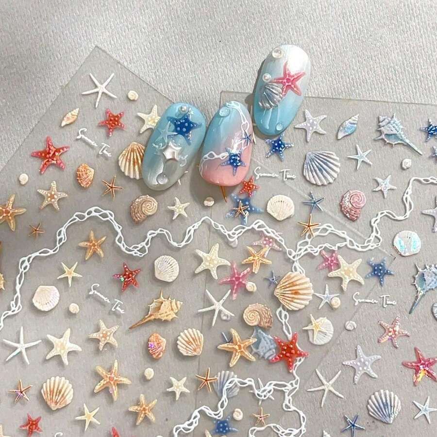 5D Embossed Shell Light Starfish Shell Nail Art Stickers, 1pc Ocean Holiday Self-Adhesive DIY Nail Stickers And Decals - Nail Supplies And Nail Charms Nail Tools For Girls And Women-Autumn Winter Christmas Summer Nails For Nail Art Home Salon - 彩色 - 查看 1