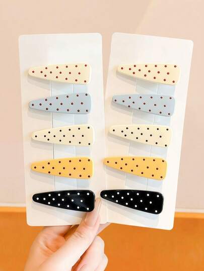 Bộ 5/10 kẹp tóc chấm bi màu Macaron, gồm 5 màu trắng/xanh nhạt/vàng/be/đen, kiểu dáng ngọt ngào thời thượng - Phù hợp cho nữ, dùng hàng ngày đi làm, đi học, hẹn hò, tụ họp bạn bè, ngày Quốc tế Phụ nữ, v.v.