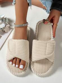 Women's Strap Hook And Loop Flat Non-Slip Wear-Resistant Solid Color Open Toe Low Heel Fluffy Faux Fur Slippers, Comfortable Home Wear - Apricot - View 3