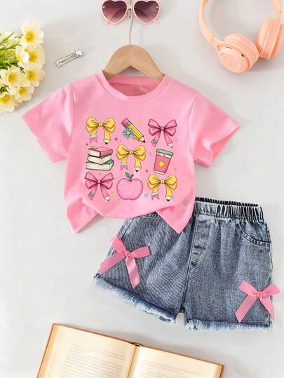 Baby Girl Cartoon Print Short Sleeve Top And Solid Color Denim Shorts