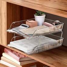 Simple Houseware - Organizador de bandeja de cartas apilable transparente de 2 niveles soporte para archivos de computadora para papel A4/tamaño carta clasificador de documentos organizador de - Claro - Ver 7