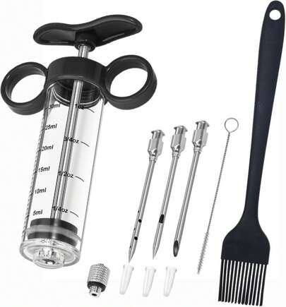 Kingsmile Turkey Injector, Meat Injector Syringe - 3 Marinade For BBQ Grill, 1OZ _30ML Injector Syringe, Handle MeatInjector For Smoking, Flavor Injector For Meat With Oil Brush &Amp; Cleaning Brush Black