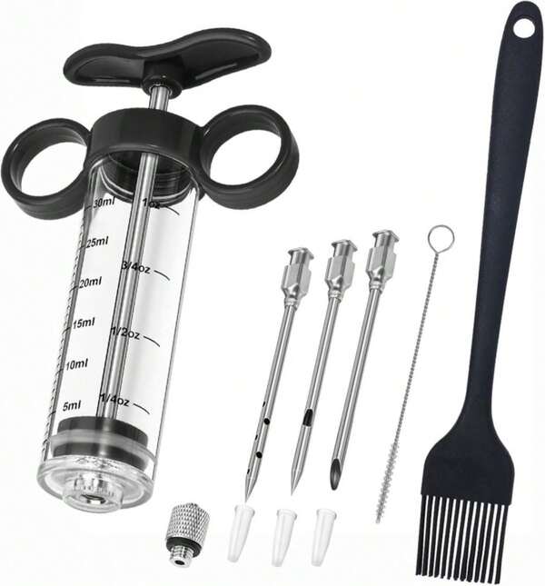 Kingsmile Turkey Injector, Meat Injector Syringe - 3 Marinade For BBQ Grill, 1OZ _30ML Injector Syringe, Handle MeatInjector For Smoking, Flavor Injector For Meat With Oil Brush &Amp; Cleaning Brush Black
