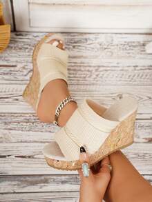 Sandal Wanita Model Wedges dengan Sol Tebal Terbaru, Sandal Selop Luar Ruangan - Krem - View 2
