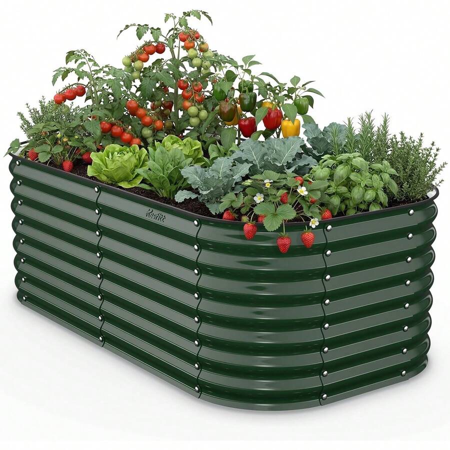 Kesfitt Raised Garden Bed, 4x2x1 FT Galvanized Steel Metal Raised Garden Bed, Oval Open-Bottom Design, 12-Inch Deep For Outdoor Vegetable & Herb Gardening, Forest Green - 森林綠 - 查看 1