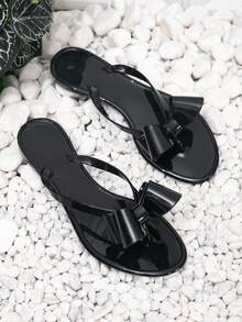 Women's Double-Layer Bow Flip Flops, Vacation Style Black Flat Slippers For Summer - Black - View 3