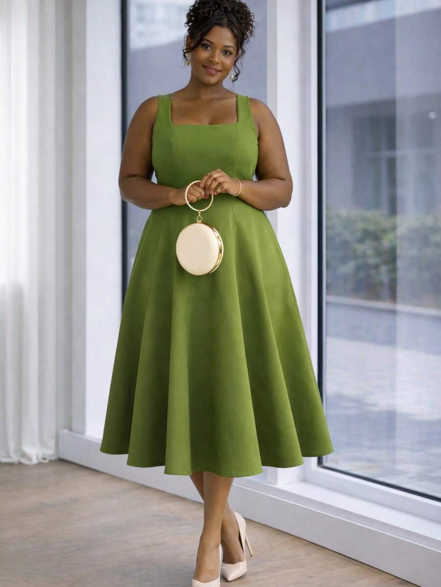 Elegant Dress With Square Neckline And Defined Waist – Sophisticated And Feminine A-Line Style – BEST Gift For MOTHER'S DAY - Màu xanh Ô liu - Xem 1