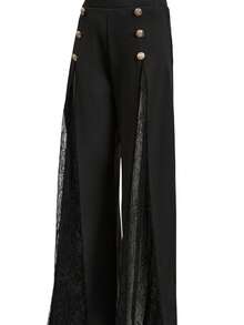 1件装女士时尚纯色双扣休闲阔腿蕾丝拼接裤，适合办公室和日常穿着，春夏黑色 - 黑色 - 查看 4