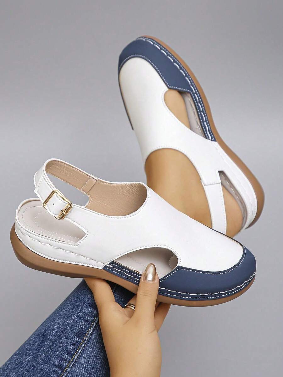 Cross-Border Oversized US Size 5-11 Summer Fashion Casual White & Brown Color Block Platform Slide Sandals, Metal Buckle Decor, Lightweight & Comfortable Wedge Heel Sandals For Women - 特級白色拼特級藍色PU - 查看 1
