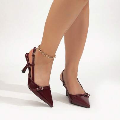 أحذية كعب عالي مقاس كبير للسيدات، لون أحادي كاجوال أنيق للذهاب للعمل، جلد اصطناعي براق مع تصميم إبزيم معدني، مناسبة للخارج والمكتب والعطلات في جميع المواسم