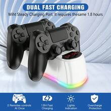 适用于 P4 控制器充电底座，具有双快充功能，适用于 4/P4 Slim 版/P4 Premium 版控制器，配备 RGB 灯光充电支架并具有过充保护功能，还附带原装 P4 游戏控制器 USB 电源充电器。 - 查看 2