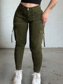 Pantalones cargo de mezclilla de unicolor, de estilo Y2K, con bolsillos, casuales y versátiles, para primavera - Verde Oscuro - Ver 3
