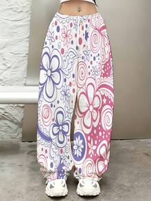 Floral Pattern Wide Leg Pants With Drawstring Waist And Elastic Hem For Comfortable Casual Wear Suitable For Leisure And Sports Activities - White - View 2