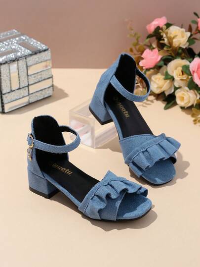 1 Pair Blue Suede Leather Soft Comfortable High Heel Sandals , Peep Toe Bohemian Floral Decor 2.5cm Block Heel Non-Slip Sole, Fashionable Cute Princess Style Suitable For Daily Wear, Party, Festival, Spring/Summer 2026