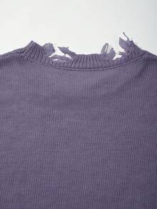 ANDREILEE Men's Spring/Summer Fashion New Neutral Korean Style Minimalist Solid Color Distressed Fringe Lightweight Semi-Sheer Loose Fit Pullover Short Sleeve Knit Apricot Sweater T-Shirt - Purple - View 5