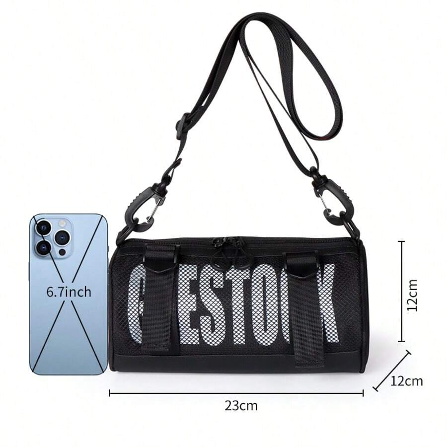 Minimalist Black Cylinder Shoulder Bag, Letter Mesh Design, Water-Resistant Durable Material, Commute Crossbody Bag for Students - Runde - Übersicht 1