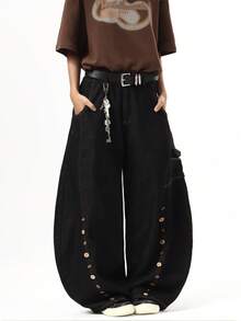 1件美式街头风拼接多扣男士阔腿牛仔裤，宽松时尚百搭牛仔裤（产品不含腰带和配饰） - 黑色 - 查看 1