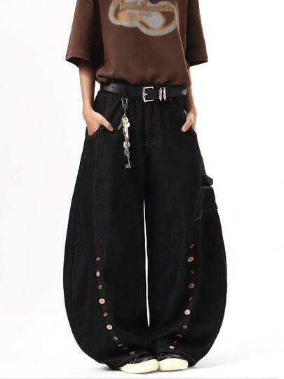 1件美式街头风拼接多扣男士阔腿牛仔裤，宽松时尚百搭牛仔裤（产品不含腰带和配饰）