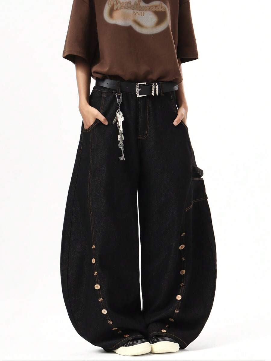 1件美式街头风拼接多扣男士阔腿牛仔裤，宽松时尚百搭牛仔裤（产品不含腰带和配饰） - 黑色 - 查看 1