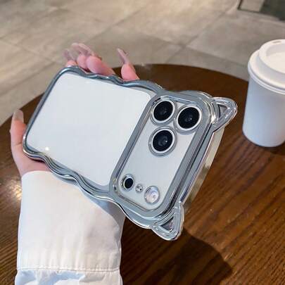 TPU动物耳朵造型新颖苹果A款时尚波浪边猫耳造型电镀银色加厚防摔TPU手机壳，兼容，防水防震防刮，生日礼物