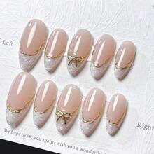 24pcs Hand-Made Vine Gold Edge Silver/White Spiral Coloring Cute Luxury Bow Spring Fresh Style Nail Stickers Press On Nails - Multicolor - View 2