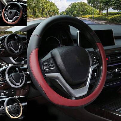 Funda para volante de coche de color bloqueado simple, 38 cm, de fibra de carbono y cuero antideslizante y resistente al desgaste para todas las estaciones, funda universal redonda para volante, funda de volante universal de cuero de fibra ultrafina de alta gama