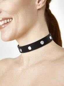 1 chiếc vòng cổ da màu đen kiểu punk dành cho nữ, có thể điều chỉnh kích thước, khóa bạc, kiểu vòng cổ choker phối kim loại, thích hợp cho các bữa tiệc hóa trang hoặc cosplay. - màu đen - Xem 2
