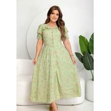 Evangelical Fashion Dress, Midi Skirt, Buttons, Embroidered Detail, Ruffle. - Green - View 9