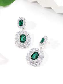 2pcs Minimalist Square Geometric Crystal Earrings, Full Diamond Earrings For Women Wedding Party - Silver Green - View 6