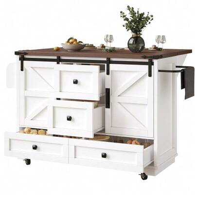 Multifunctional Kitchen Trolley With Folding Table; Mobile Kitchen Island, Bar, Sideboard With Storage Space; Wheeled Service Trolley With Three Drawers And Two Cabinet Doors.