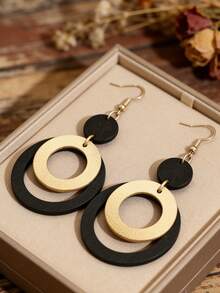 1 Đôi bông tai vòng đôi màu đen vàng kiểu cổ điển, thiết kế tối giản thời trang kiểu Âu và Mỹ. - vàng đen - Xem 5